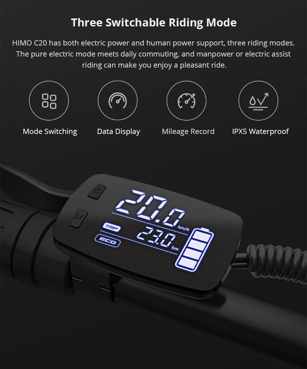 Xiaomi HIMO C20 Xe đạp điện có thể gập lại 250W Động cơ tối đa 25km / h 10Ah Pin ẩn Máy bơm bơm hơi tốc độ biến đổi - Màu trắng
