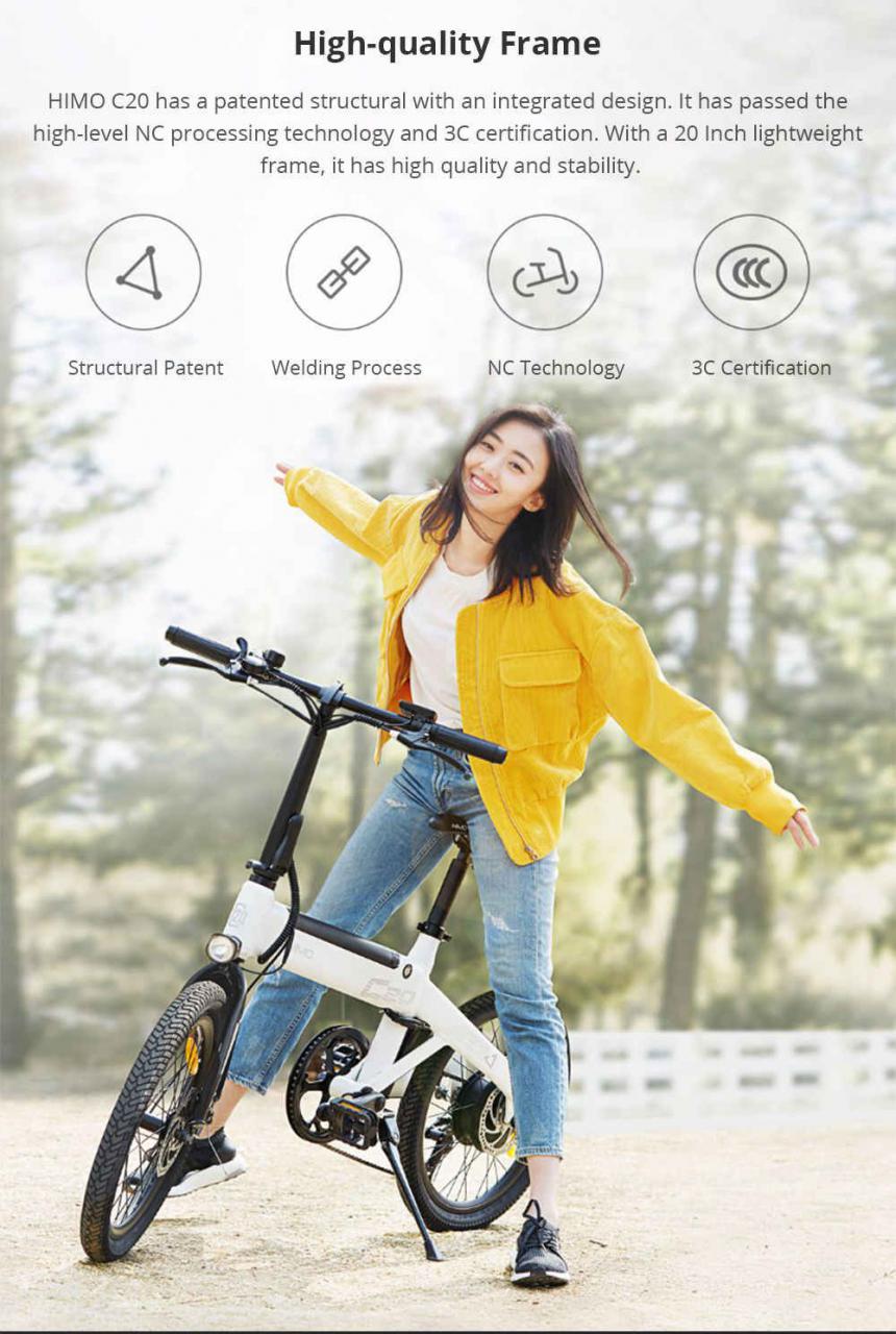 Xiaomi HIMO C20 Xe đạp điện có thể gập lại 250W Động cơ tối đa 25km / h 10Ah Pin ẩn Máy bơm bơm hơi tốc độ biến đổi - Màu trắng